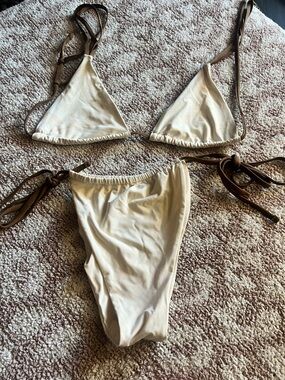 Everies Swim String Bikini Medium Brown Cream Marbled Print